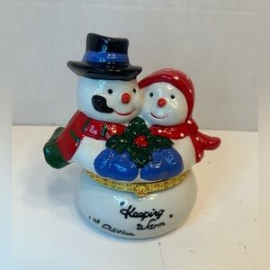 Vintage Ceramic Snowman Trinket Box Christmas 1999 Keeping Warm Hinged Cover